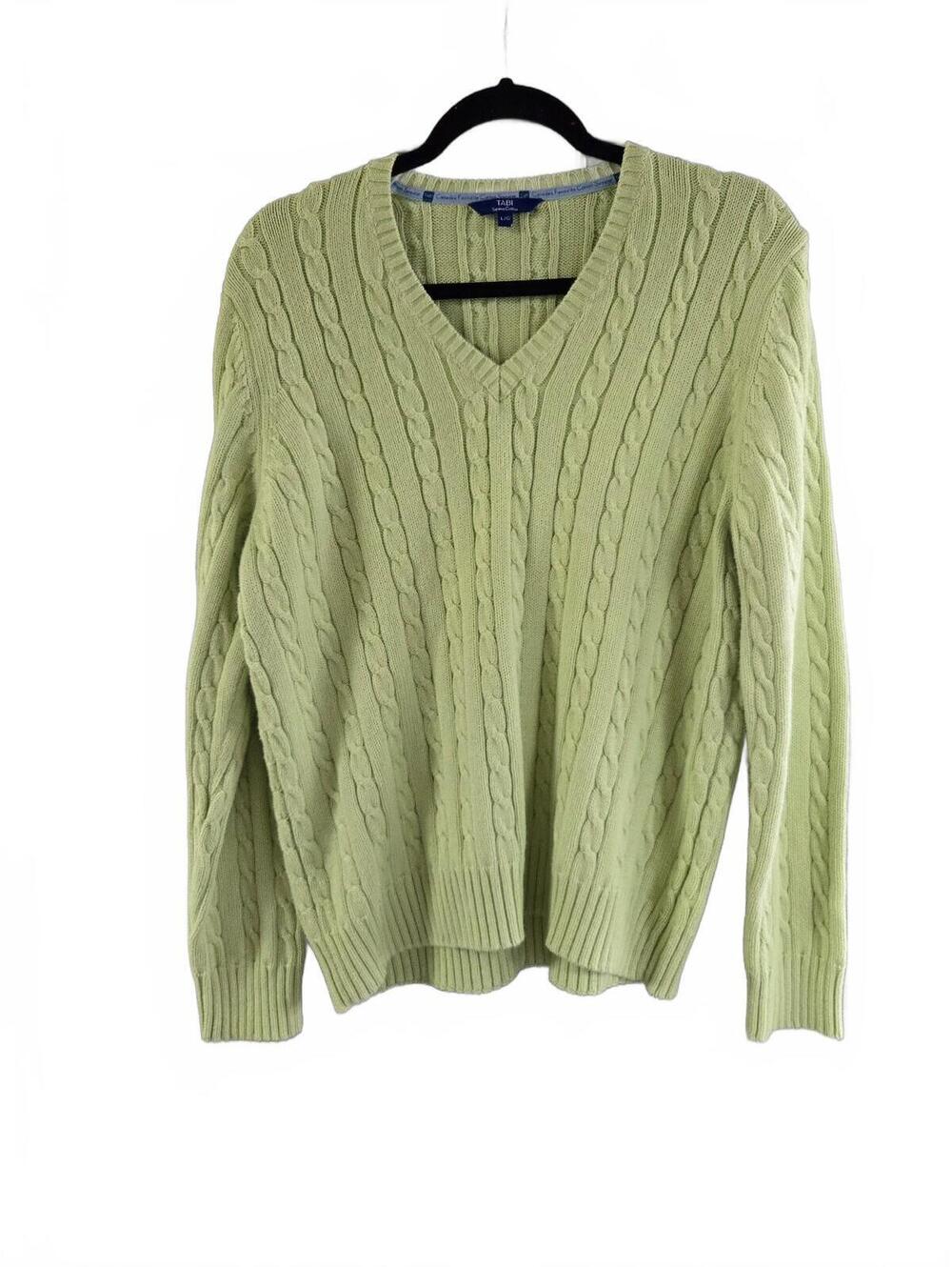 Tabi Supima Cotton Cable Knit V-Neck Sweater Large Green